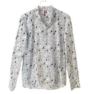 Berna Whimsical Shirt Bears Trees Print Men Medium Stretch Cotton White Blue